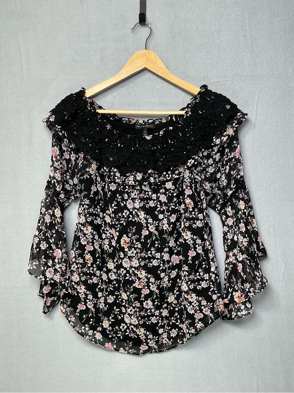 White House Black Market XS Black Floral Lace Ruffle Bell Sleeve Blouse